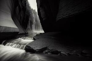 A Black And White Photo Of A Waterfall. AI Generated