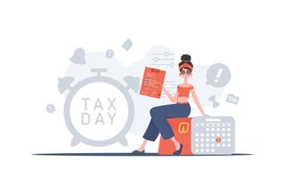 A woman sits and counts taxes. Payment of taxes. Element for presentation. vector