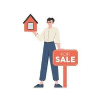 The man holds the house in his hands. Selling a house or real estate. Isolated. Vector illustration.