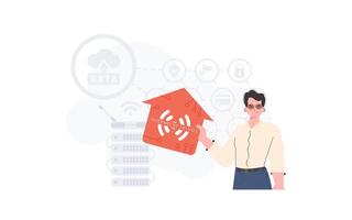 The man is depicted waist-deep, holding an icon of a house in his hands. Internet of things concept. Good for presentations. Vector illustration in flat style.