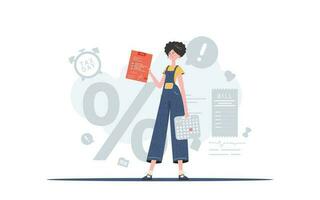 A woman stands in full growth and holds a calculator and a tax return. Payment of taxes. Element for presentation. vector