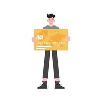 A man stands in full growth with a plastic card in his hands. Isolated. Flat style. Element for presentations, sites. vector