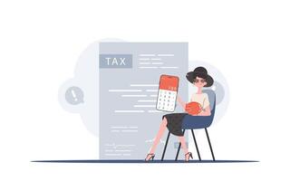 The girl sits in a chair and holds a calculator and a piggy bank in her hands. The concept of payment and calculation of taxes. Vector illustration.