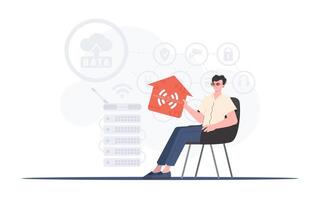 Internet of things concept. A man sits in an armchair and holds a house icon in his hands. Good for presentations. illustration in trendy flat style. vector