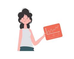 A woman holds a panel with analyzers and indicators in her hands. Internet of things concept. Isolated. illustration. vector