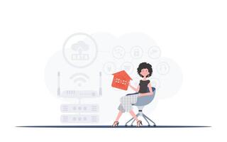 Internet of things and automation concept. The girl sits in a chair and holds an icon of a house in her hands. Good for websites and presentations. illustration in flat style. vector