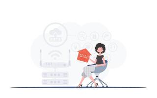 Internet of things and automation concept. The girl sits in a chair and holds an icon of a house in her hands. Good for websites and presentations. Vector illustration in flat style.