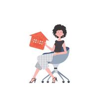 The girl sits in a chair and holds an icon of a house in her hands. Internet of things concept. Isolated on white background. Vector illustration in trendy flat style.