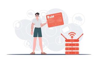 IOT and automation concept. A man holds a panel with analyzers and indicators in his hands. Good for websites and presentations. illustration in flat style. vector