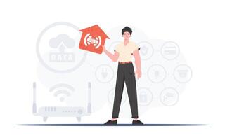 Internet de cosas concepto. el hombre es representado en lleno crecimiento, participación el icono de el casa en su manos. bueno para presentaciones vector ilustración en plano estilo.