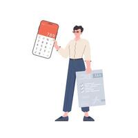 A man holds a calculator and a tax form in his hands. Isolated on white background. Trend style, vector illustration.