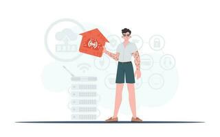 IoT concept. The man is depicted in full growth, holding the icon of the house in his hands. Good for websites and presentations. Vector illustration in flat style.