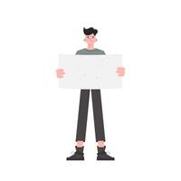 A man stands in full growth holding a blank sheet in his hands. Isolated. Flat style. Element for presentations, sites. vector