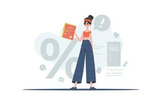 The woman is holding a contract in her hands. The character is depicted in full growth. The concept of concluding contracts. Vector illustration in a flat style.