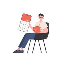 A man sits in a chair and holds a calculator and a piggy bank in his hands. Isolated on white background. Trend style, vector illustration.