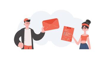 A man and a woman stand waist-deep and send a tax document in an envelope. Filling out a tax return. Element for presentation. vector