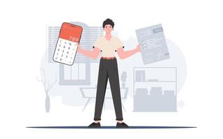 A man holds a calculator and a tax form in his hands. The concept of payment and calculation of taxes. Vector illustration in a flat style.