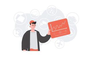 IoT concept. A man holds a panel with analyzers and indicators in his hands. Good for websites and presentations. Trendy flat style. Vector. vector