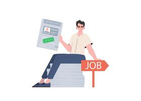 A man holds a passed test for a vacancy in his hands. Job search concept. Vector illustration in a flat style.