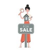 A woman stands in full growth engaged in the search for a house. Isolated. Flat style. Element for presentations, sites. vector