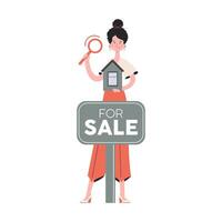 A woman stands in full growth engaged in the search for a house. Isolated. Flat style. Element for presentations, sites. vector