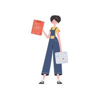 A woman stands in full growth and holds a calculator and a tax return. Isolated. Element for presentation. vector