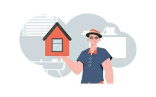 The man is depicted waist-deep holding a small house in his hands. Selling a house or real estate. trendy style. Vector illustration.