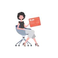 A woman sits in a chair and holds a panel with analyzers and indicators in her hands. Internet of things and automation concept. Isolated. Vector illustration in flat style.