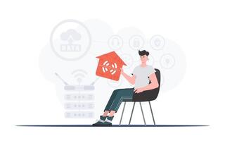 Internet de cosas concepto. un hombre se sienta en un Sillón y sostiene un casa icono en su manos. bueno para sitios web y presentaciones vector ilustración en plano estilo.