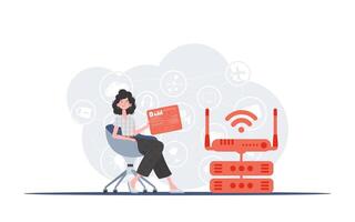 iot concepto. un mujer se sienta en un silla y sostiene un panel con analizadores y indicadores en su manos. bueno para sitios web y presentaciones de moda plano estilo. vector. vector