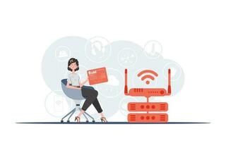 IoT concept. A woman sits in a chair and holds a panel with analyzers and indicators in her hands. Good for websites and presentations. Vector illustration in flat style.