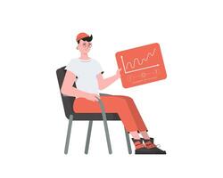 A man sits in a chair and holds a panel with analyzers and indicators in his hands. Internet of things concept. Isolated. Vector illustration in flat style.