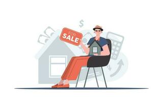 A man sits on a chair and holds a for sale sign in his hands. Selling a house or real estate. trendy style. Vector illustration.