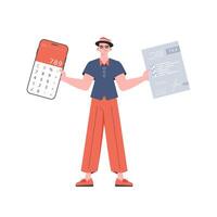 The guy is holding a calculator and a tax form in his hands. Isolated on white background. Vector illustration in a flat style.