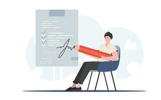 A man sits in a chair and puts his signature with a pencil on a corporate document. Partnership. Element for presentation. vector