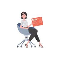 A woman sits in a chair and holds a panel with analyzers and indicators in her hands. IoT concept. Isolated. Trendy flat style. . vector