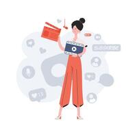 A stylish woman stands in full growth and holds a clapperboard in her hands. Blogging. Element for presentations, sites. vector