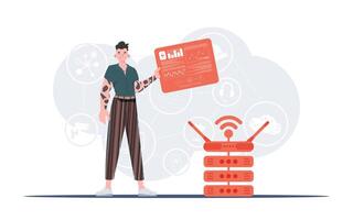 IOT and automation concept. A man holds a panel with analyzers and indicators in his hands. Good for websites and presentations. Trendy flat style. . vector