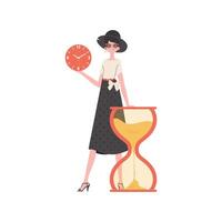 A woman stands in full growth with an hourglass. Isolated. Element for presentation. vector