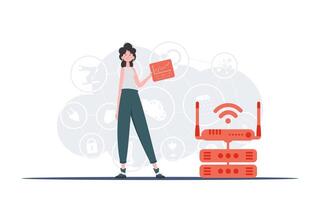 IoT concept. A woman holds a panel with analyzers and indicators in her hands. Good for websites and presentations. illustration in flat style. vector
