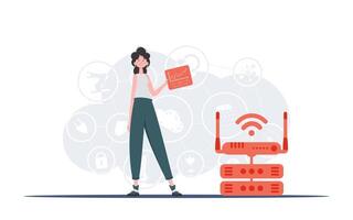 iot concepto. un mujer sostiene un panel con analizadores y indicadores en su manos. bueno para sitios web y presentaciones vector ilustración en plano estilo.