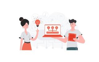 The girl and the guy are a team in the field of Internet of things. IoT concept. Good for presentations and websites. illustration in flat style. vector