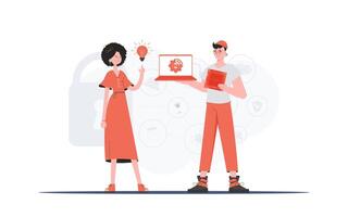 The girl and the guy are a team in the field of Internet of things. Internet of things concept. Good for presentations and websites. Vector illustration in flat style.