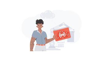 The guy is holding an internet thing icon in his hands. Internet of things concept. Good for websites and presentations. Vector illustration in flat style.