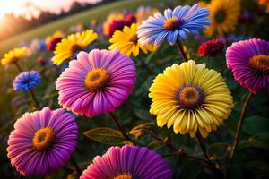 un campo lleno con un montón de vistoso flores ai generado foto