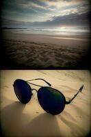 un par de Gafas de sol sentado en parte superior de un arenoso playa. ai generado foto