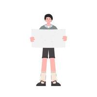A man stands in full growth shows an empty sheet. Isolated. Flat style. Element for presentations, sites. vector