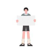 A man stands in full growth shows an empty sheet. Isolated. Flat style. Element for presentations, sites. vector