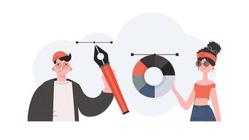 A man and a woman stand waist-deep with a pen tool in their hands. Design. Element for presentation. vector