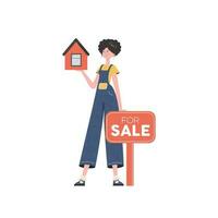 The girl holds the house in her hands. Real estate sale concept. Isolated. Vector illustration.